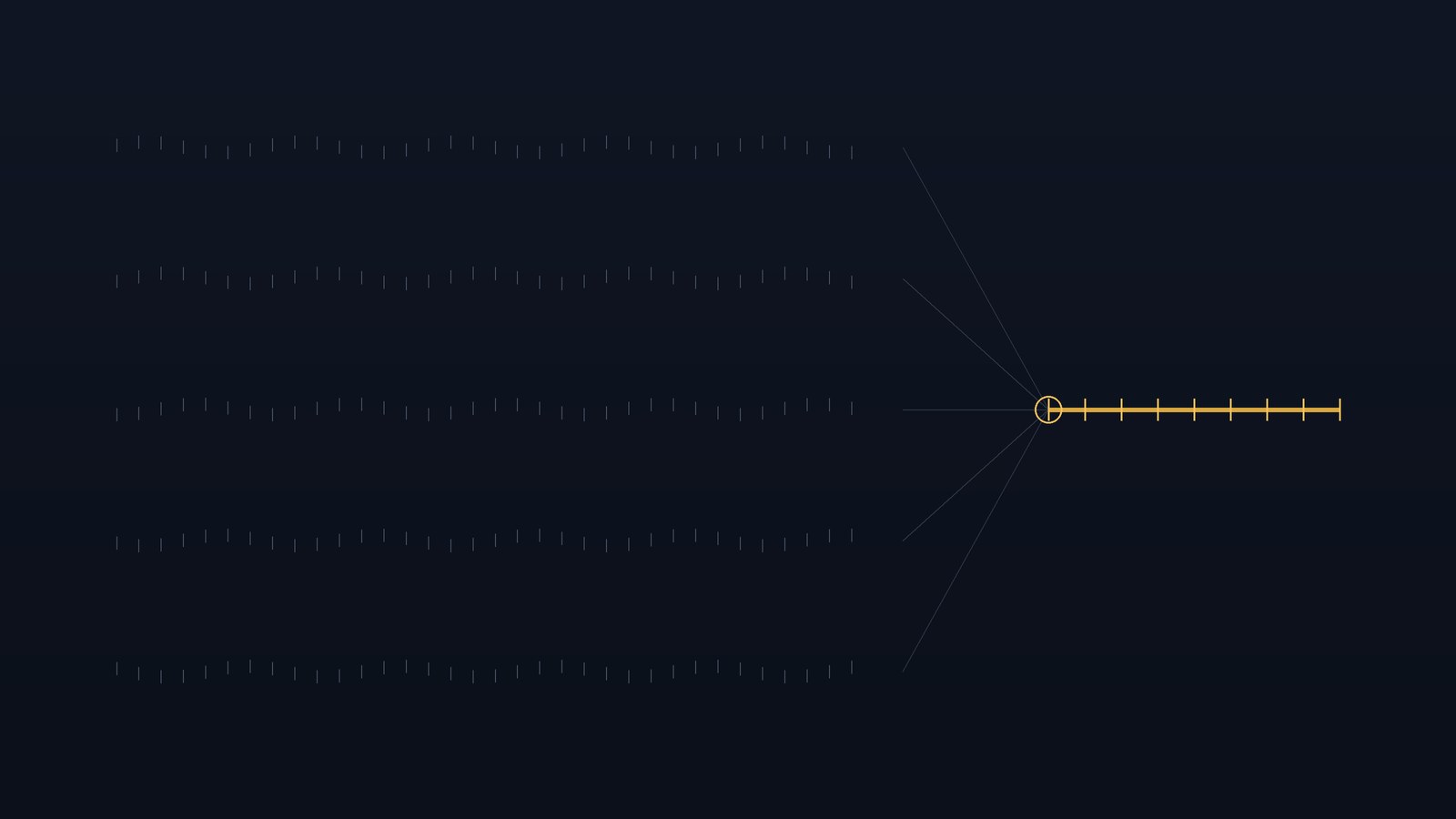 Abstract illustration in slate and gold: five parallel streams of marks converging into a single bright gold output line with measured tick marks