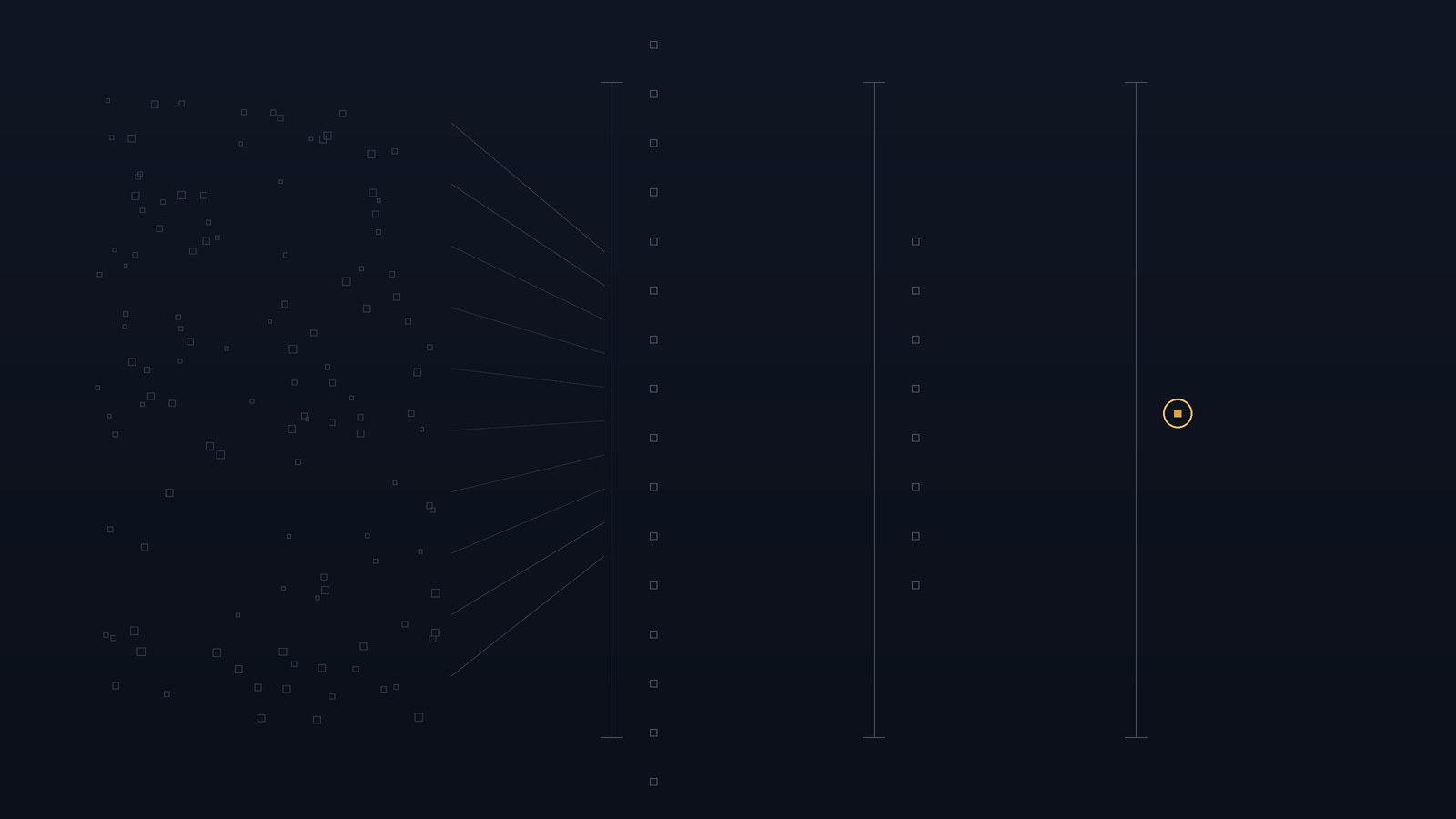 Abstract illustration in slate and gold: a scattered field of candidate squares filtering through three gates, narrowing to a single gold-ringed selection